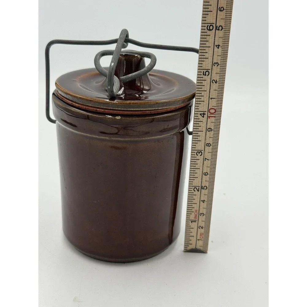 Vintage Brown Stoneware Canister Crock Wire Bail Lid Rustic Kitchen Storage